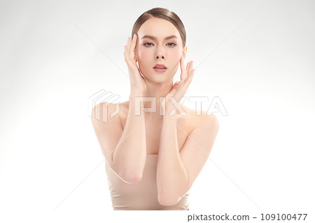 Beautiful young woman with clean fresh skin on white background, Face care, Facial treatment, Cosmetology, beauty and spa, women portrait. Beautiful young woman with clean fresh skin on white background, Face care, Facial treatment, Cosmetology, beauty and spa, women portrait. 109100477