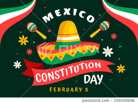 Dia De La Constitucion Vector Illustration. Translation: Happy Constitution Day of Mexico on February 5 with Mexican Hat and Waving Flag Background 109100696