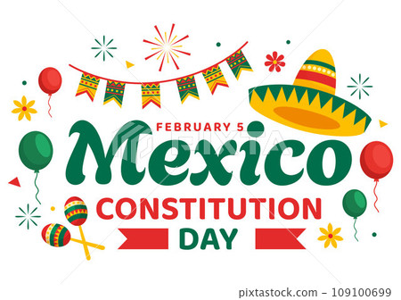 Dia De La Constitucion Vector Illustration. Translation: Happy Constitution Day of Mexico on February 5 with Mexican Hat and Waving Flag Background 109100699