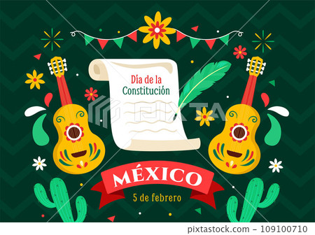 Dia De La Constitucion Vector Illustration. Translation: Happy Constitution Day of Mexico on February 5 with Mexican Hat and Waving Flag Background 109100710