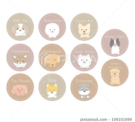 一組可愛的狗臉露出狗品種圖標 一組可愛的狗臉露出狗品種圖標 109101099