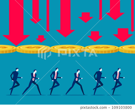 Huge coin blocking the falling arrow helps a group of business team to clear a new way. Business vector illustration concept 109103800
