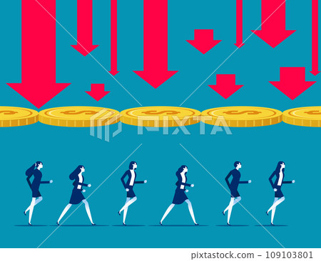 Huge coin blocking the falling arrow helps a group of business team to clear a new way. Business vector illustration concept 109103801