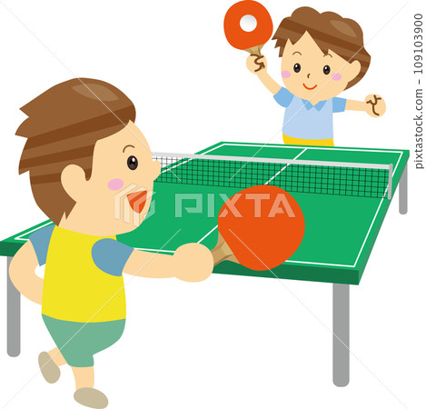 Smiling people enjoying table tennis on a table tennis table 109103900