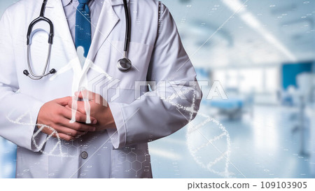 Image of advanced medical treatment and telemedicine with DNA and global background New treatment method using advanced technology and hope of humankind 109103905