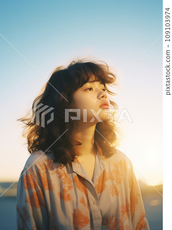 AI-generated image of a woman looking into the distance while being illuminated by the setting sun 109103974