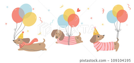 Cute Birthday card banner with Dachshund sausage Dogs. Kawaii greeting card cartoon hand drawing flat design graphic illustration. Cute Birthday card banner with Dachshund sausage Dogs. Kawaii greeting card cartoon hand drawing flat design graphic illustration. 109104195