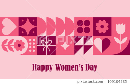 8 march modern neo geometric abstract background. International womens day poster. Composition of simple icons in bauhaus minimalist style. Vector illustration. Grid with red geometrical shapes 8 march modern neo geometric abstract background. International womens day poster. Composition of simple icons in bauhaus minimalist style. Vector illustration. Grid with red geometrical shapes 109104385