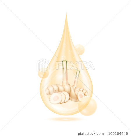 Drop serum galangal or Alpinia galanga. Vitamin collagen anti aging serum. Natural skincare cosmetic. Water droplets cream with oxygen bubbles isolated on white background. Realistic 3d vector. 109104446