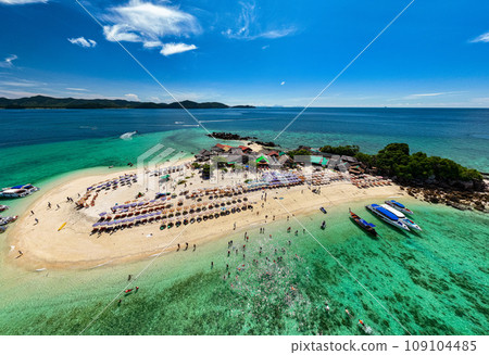 Aerial view drone shot of Amazing small island beautiful tropical sandy beach landscape view at koh Khai maew Island in Phang Nga Thailand,Amazing small island with many Cats live in small island 109104485