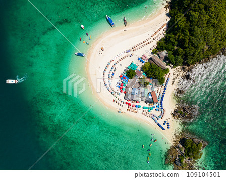 Aerial view drone shot of Amazing small island beautiful tropical sandy beach landscape view at koh Khai maew Island in Phang Nga Thailand,Amazing small island with many Cats live in small island 109104501