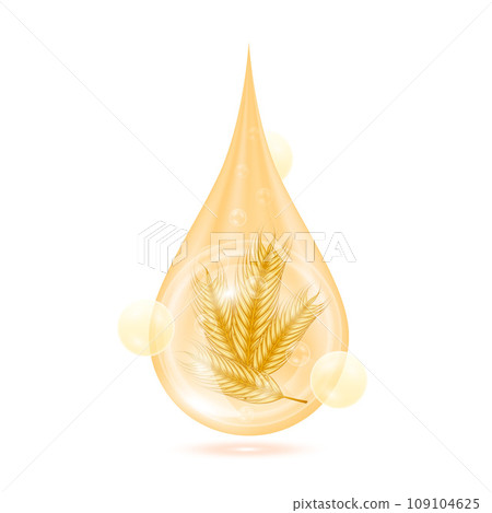 Barley in drop serum. Vitamin collagen anti aging serum. Natural skincare cosmetic. Water droplets cream with oxygen bubbles isolated on white background. Realistic 3d vector. 109104625