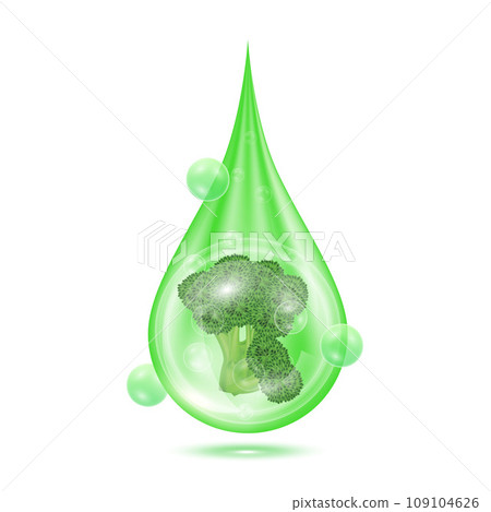 Broccoli in drop serum. Vitamin collagen anti aging serum. Natural skincare cosmetic. Water droplets cream with oxygen bubbles isolated on white background. Realistic 3d vector. 109104626
