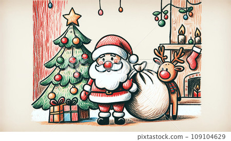 [Cute colored pencil drawing] Santa delivering presents for Christmas 109104629