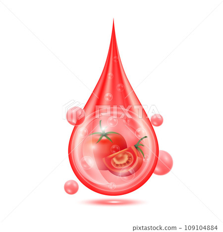 Tomato in drop serum. Vitamin collagen anti aging serum. Natural skincare cosmetic. Water droplets cream with oxygen bubbles isolated on white background. Realistic 3d vector. 109104884