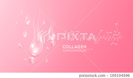 Drop water collagen pink and structure. Vitamin solution complex with Chemical formula from nature. Beauty treatment nutrition skin care design. Medical and scientific concepts. 3D Realistic Vector. 109104896