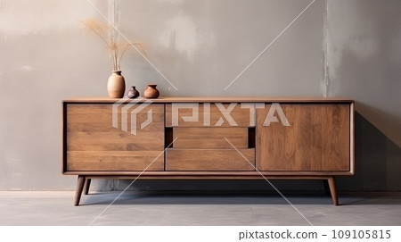 Brown wooden chest of drawers against a concrete wall. Brown wooden chest of drawers against a concrete wall. 109105815