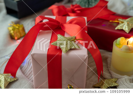 Christmas elements, gifts, fir branches, red decorations on white background. Christmas concept, winter, new year 109105999