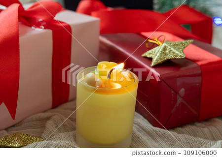 Christmas elements, gifts, fir branches, red decorations on white background. Christmas concept, winter, new year 109106000