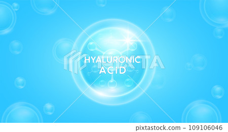 Blue hyaluronic acid solution in hexagon. Collagen and Moisturizer Vitamins serum skin care. For cosmetic label or beauty nutrition. Essential supplement to the health skin. Vector EPS10. 109106046