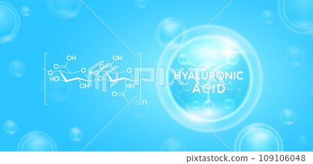 Blue hyaluronic acid solution in hexagon. Collagen and Moisturizer Vitamins serum skin care. For cosmetic label or beauty nutrition. Essential supplement to the health skin. Vector EPS10. Blue hyaluronic acid solution in hexagon. Collagen and Moisturizer Vitamins serum skin care. For cosmetic label or beauty nutrition. Essential supplement to the health skin. Vector EPS10. 109106048