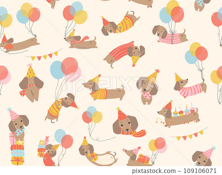 cute Birthday dog pattern seamless background with party dachshund sausage dog cartoon illustration. cute Birthday dog pattern seamless background with party dachshund sausage dog cartoon illustration. 109106071