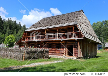 Wooden architecture in Fundacanarodwa Skansen, Poland 109106094