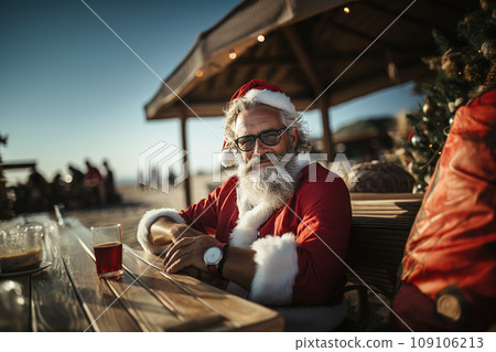 Santa Claus on the beach. Christmas vacation concept. Generative Ai. Santa Claus on the beach. Christmas vacation concept. Generative Ai. 109106213
