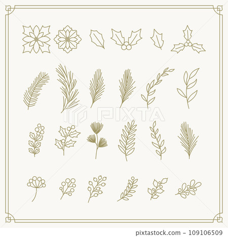 Christmas plants vector illustration drawn with gold lines. 109106509