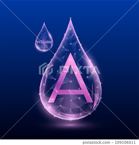 Vitamins complex skin care anti aging. Vitamin A drop pink translucent low poly on dark blue background. Multivitamins collagen supplement. Cosmetics nutrition design. Vector EPS 10 illustration. 109106811