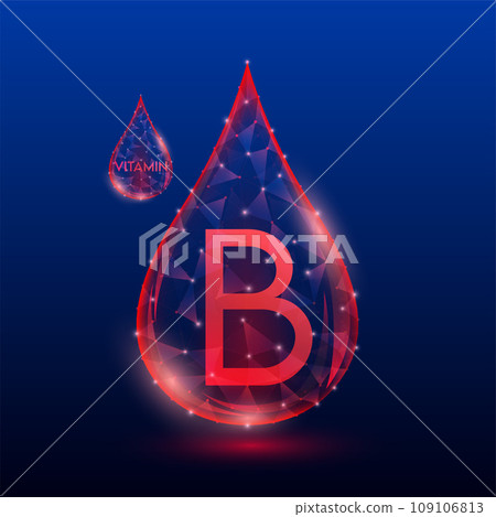 Vitamins complex skin care anti aging. Vitamin B drop red translucent low poly on dark blue background. Multivitamins collagen supplement. Cosmetics nutrition design. Vector EPS 10 illustration. Vitamins complex skin care anti aging. Vitamin B drop red translucent low poly on dark blue background. Multivitamins collagen supplement. Cosmetics nutrition design. Vector EPS 10 illustration. 109106813
