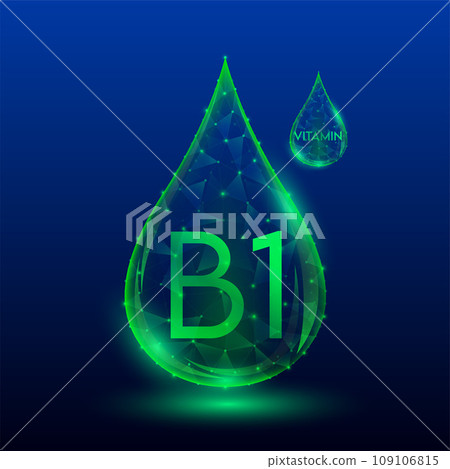 Vitamins complex skin care anti aging. Vitamin B1 drop green translucent low poly on dark blue background. Multivitamins collagen supplement. Cosmetics nutrition design. Vector EPS 10 illustration. Vitamins complex skin care anti aging. Vitamin B1 drop green translucent low poly on dark blue background. Multivitamins collagen supplement. Cosmetics nutrition design. Vector EPS 10 illustration. 109106815