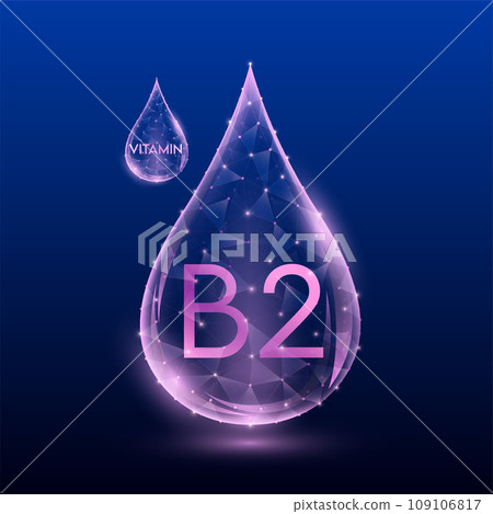 Vitamins complex skin care anti aging. Vitamin B2 drop pink translucent low poly on dark blue background. Multivitamins collagen supplement. Cosmetics nutrition design. Vector EPS 10 illustration. 109106817