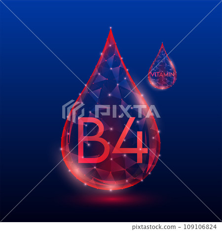 Vitamins complex skin care anti aging. Vitamin B4 drop red translucent low poly on dark blue background. Multivitamins collagen supplement. Cosmetics nutrition design. Vector EPS 10 illustration. Vitamins complex skin care anti aging. Vitamin B4 drop red translucent low poly on dark blue background. Multivitamins collagen supplement. Cosmetics nutrition design. Vector EPS 10 illustration. 109106824