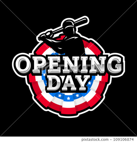 Opening day, baseball logo on a dark background. 109106874