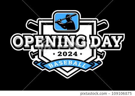 Opening day, baseball logo on a dark background. 109106875