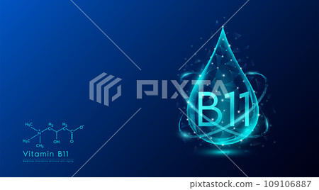 Vitamin B11 drop blue low poly and structure chemical formula. Medicine science innovative. Multivitamins complex collagen supplement skincare anti aging. Cosmetics nutrition banner design. Vector. 109106887