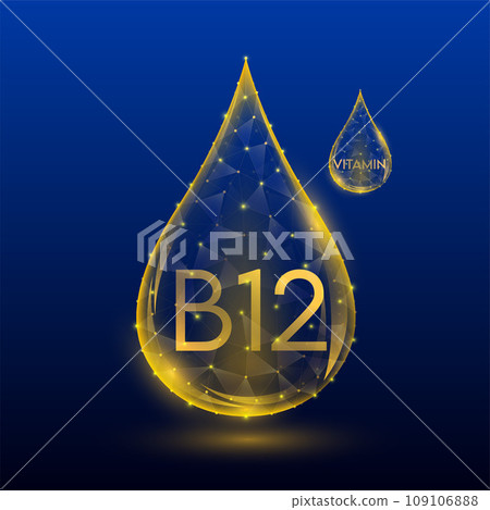 Vitamins complex skin care anti aging. Vitamin B12 drop orange translucent low poly on dark blue background. Multivitamins collagen supplement. Cosmetics nutrition design. Vector EPS 10 illustration. 109106888