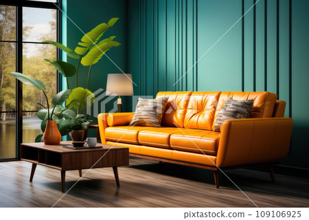 Bright yellow vintage style sofa in the green living room 109106925
