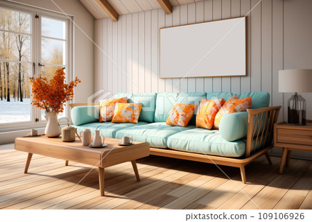 Bright colorful interior of the living room in a minimalist vintage style. A blue sofa with wooden legs and a coffee table in the room, a picture on the wall and a table lamp Bright colorful interior of the living room in a minimalist vintage style. A blue sofa with wooden legs and a coffee table in the room, a picture on the wall and a table lamp 109106926
