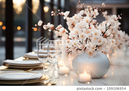 Beautiful wedding table setting with delicate flowers in a vase Beautiful wedding table setting with delicate flowers in a vase 109106954