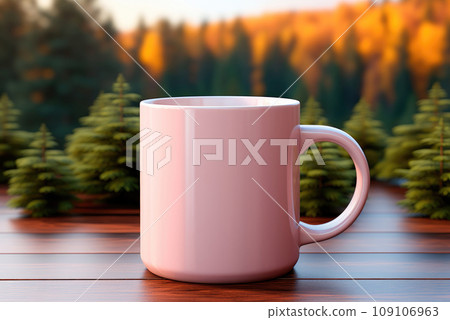 Pink mug mockup on wooden table on nature landscape background 109106963
