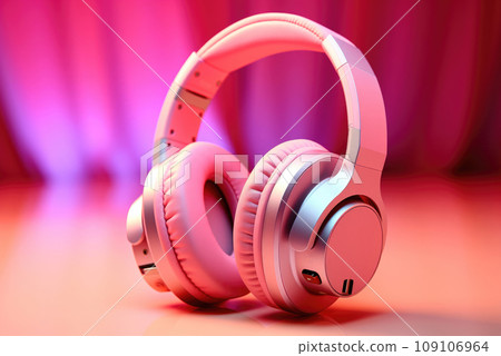 Pink headphones on pink background. Music concept 109106964