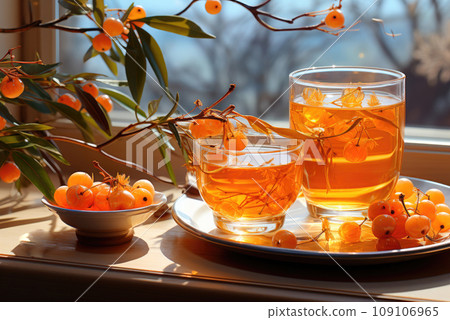 Tea of sea buckthorn berries with honey and a branch Tea of sea buckthorn berries with honey and a branch 109106965