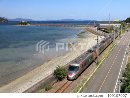Tsushima Shrine, a guardian deity for children floating on the JR Yosan Line limited express train that runs through Setouchi and the sea in Mino-cho, Mitoyo City, Kagawa Prefecture 109107007