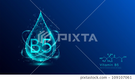 Vitamin B5 drop blue low poly and structure chemical formula. Medicine science innovative. Multivitamins complex collagen supplement skincare anti aging. Cosmetics nutrition banner design. Vector. Vitamin B5 drop blue low poly and structure chemical formula. Medicine science innovative. Multivitamins complex collagen supplement skincare anti aging. Cosmetics nutrition banner design. Vector. 109107061