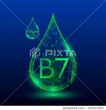 Vitamins complex skin care anti aging. Vitamin B5 drop green translucent low poly on dark blue background. Multivitamins collagen supplement. Cosmetics nutrition design. Vector EPS 10 illustration. Vitamins complex skin care anti aging. Vitamin B5 drop green translucent low poly on dark blue background. Multivitamins collagen supplement. Cosmetics nutrition design. Vector EPS 10 illustration. 109107064