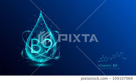 Vitamin B9 drop blue low poly and structure chemical formula. Medicine science innovative. Multivitamins complex collagen supplement skincare anti aging. Cosmetics nutrition banner design. Vector. Vitamin B9 drop blue low poly and structure chemical formula. Medicine science innovative. Multivitamins complex collagen supplement skincare anti aging. Cosmetics nutrition banner design. Vector. 109107069