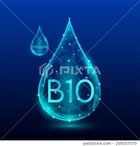 Vitamins complex skin care anti aging. Vitamin B10 drop blue translucent low poly on dark blue background. Multivitamins collagen supplement. Cosmetics nutrition design. Vector EPS 10 illustration. Vitamins complex skin care anti aging. Vitamin B10 drop blue translucent low poly on dark blue background. Multivitamins collagen supplement. Cosmetics nutrition design. Vector EPS 10 illustration. 109107070