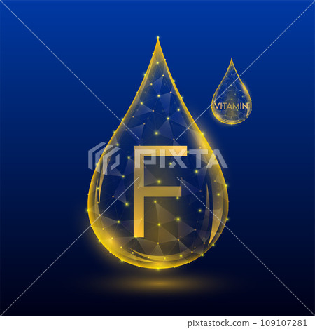 Vitamins complex skin care anti aging. Vitamin F drop orange translucent low poly on dark blue background. Multivitamins collagen supplement. Cosmetics nutrition design. Vector EPS 10 illustration. 109107281